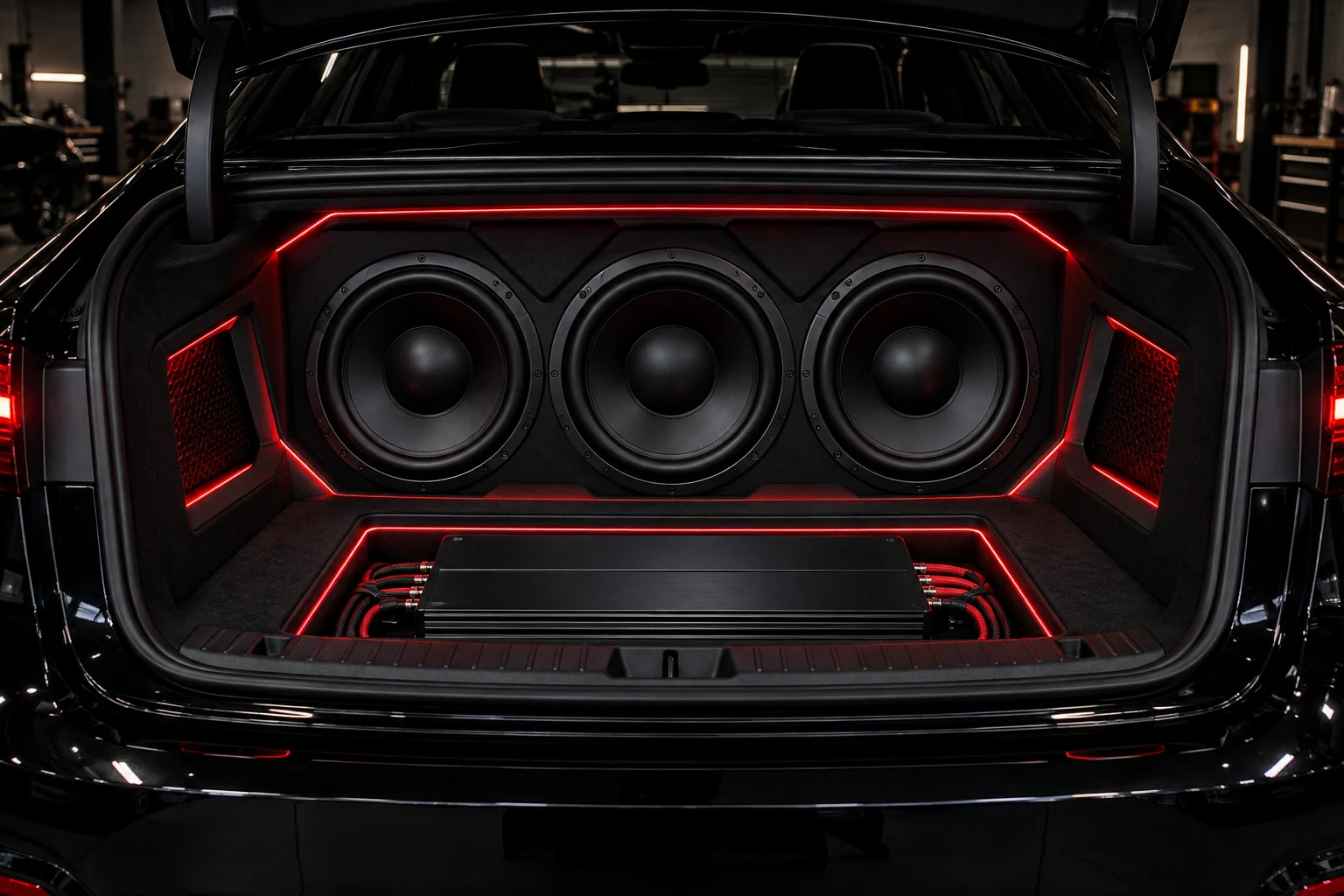 Illustrative custom trunk audio installation with three subwoofers and red lighting