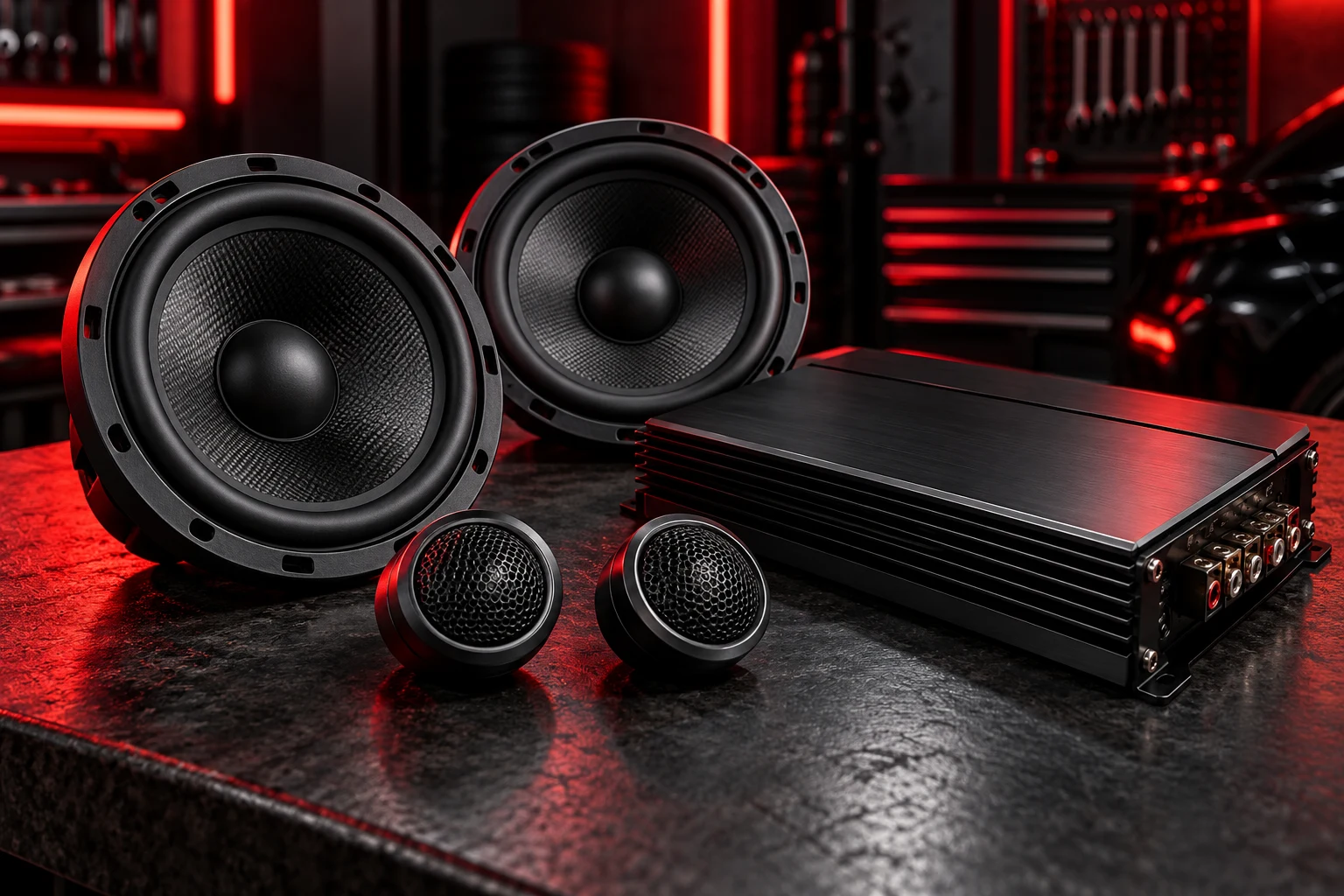 Speakers, tweeters and amplifier arranged on an audio workbench